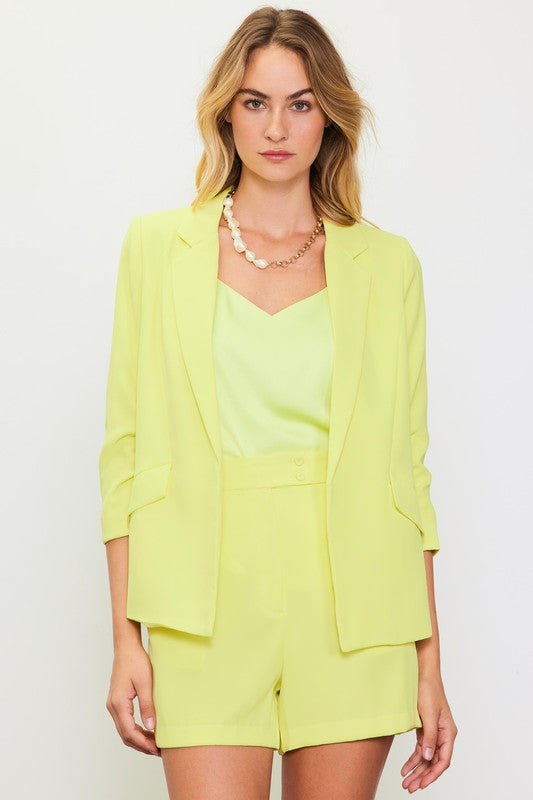 Skie Are Blue Eco friendly recycled poly long sleeve blazer in lemon