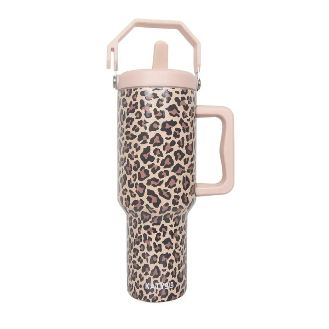 leopard print no spill travel tumbler cup front