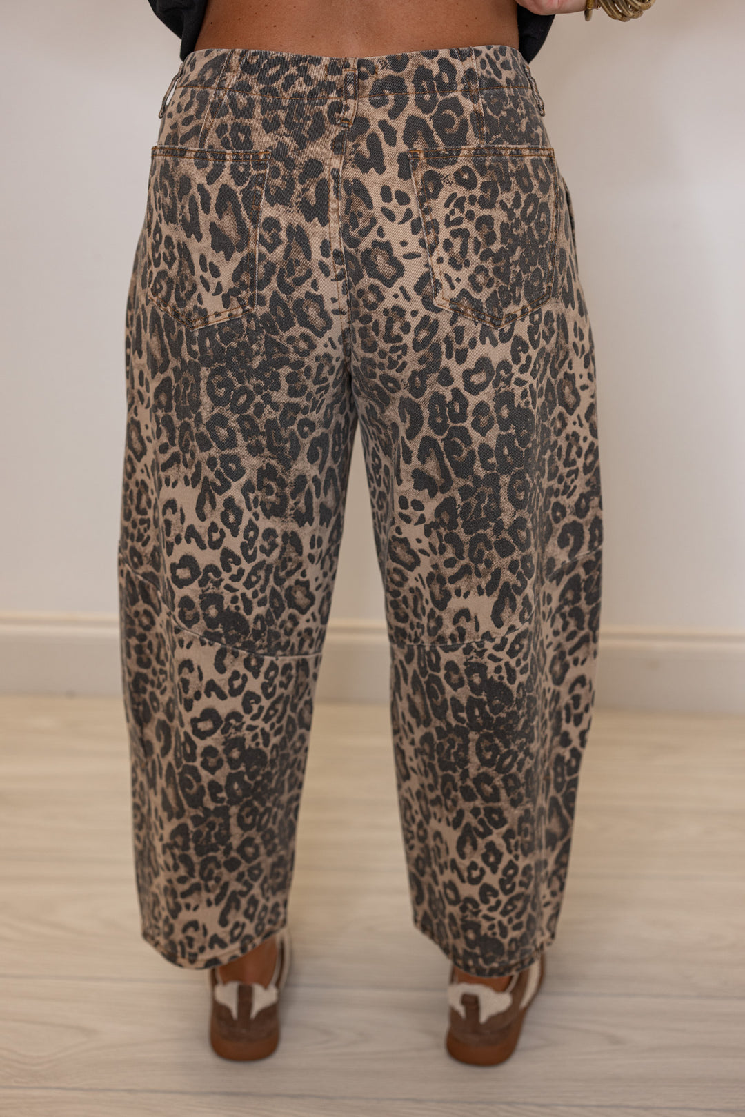 Women's washed brown and black leopard print twill barrel pants by Easel showing up close back view