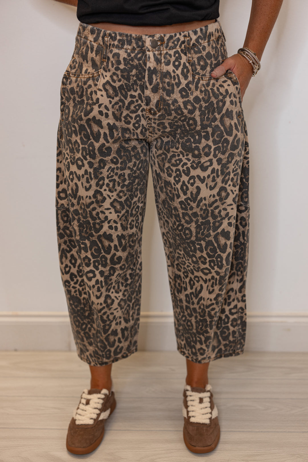 Women's washed brown and black leopard print twill barrel pants by Easel showing up close front view