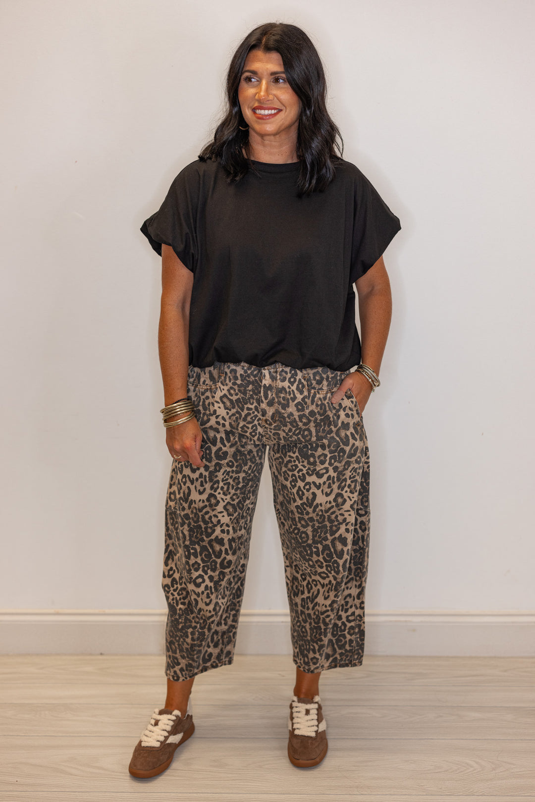 Women's washed brown and black leopard print twill barrel pants by Easel showing full front view