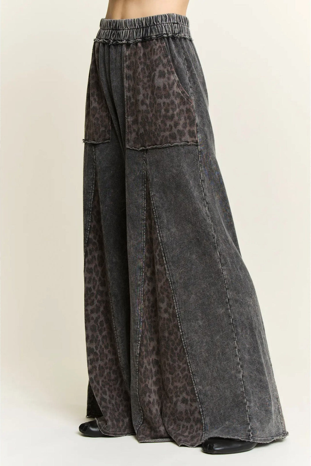 black leopard print flare wide leg comfy knit pants side