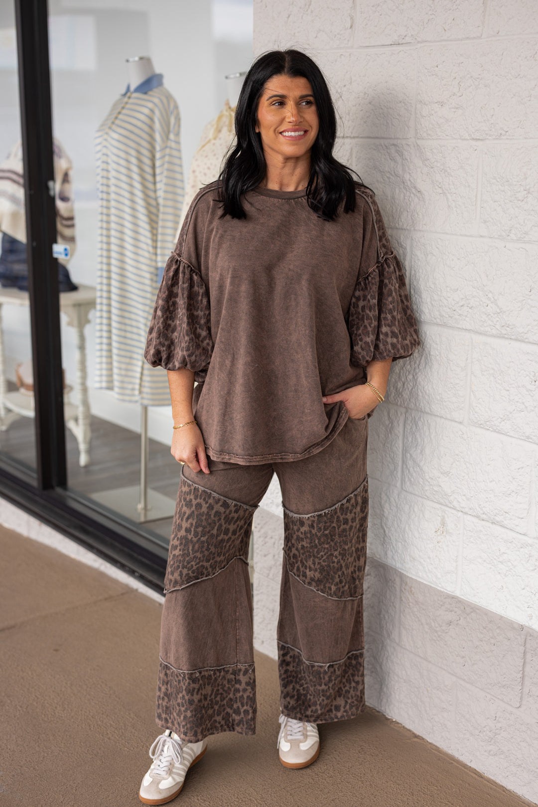 Comfy leopard print black wide leg pants by J. Her showing full front view