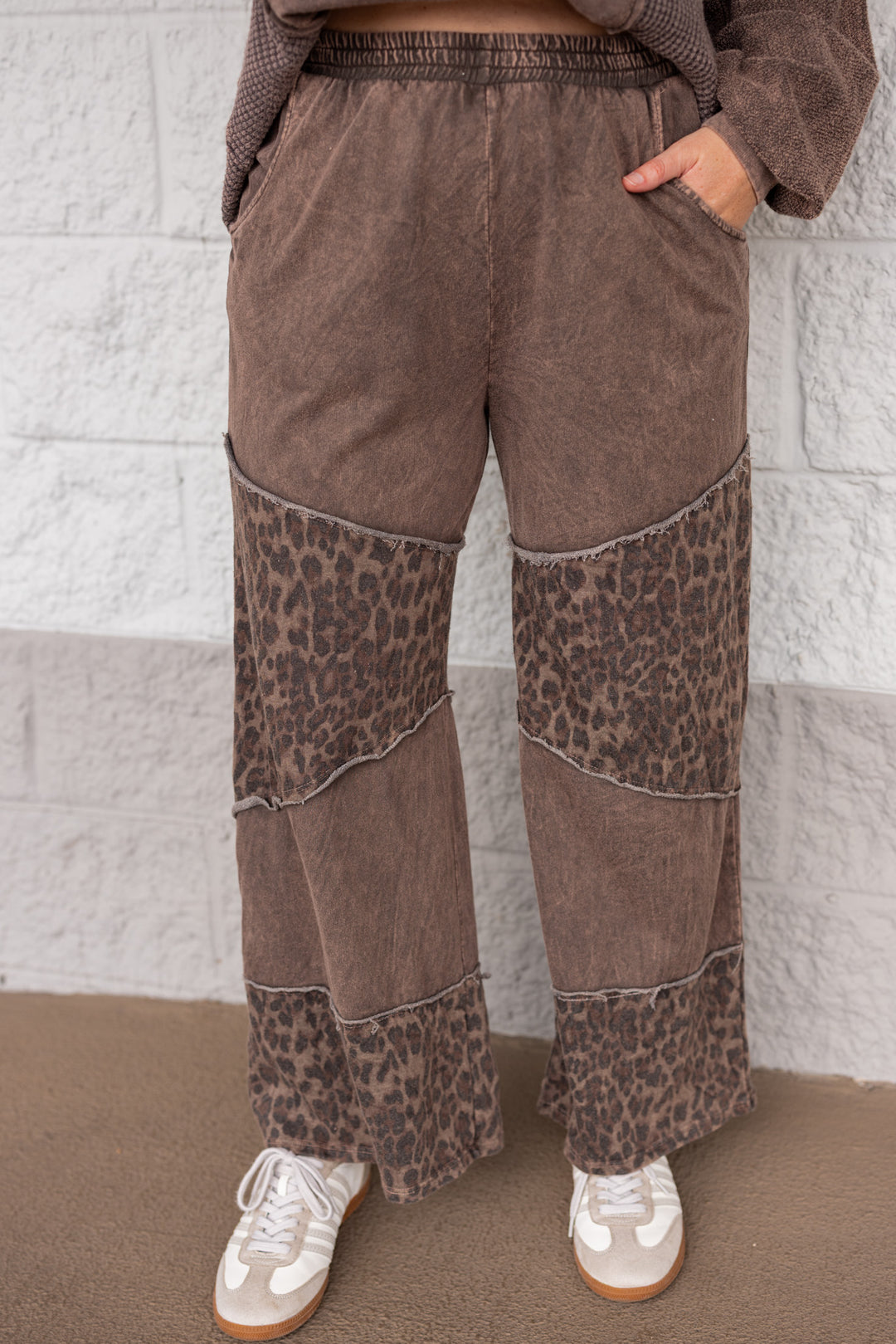 Comfy leopard print black wide leg pants by J. Her showing up close front view