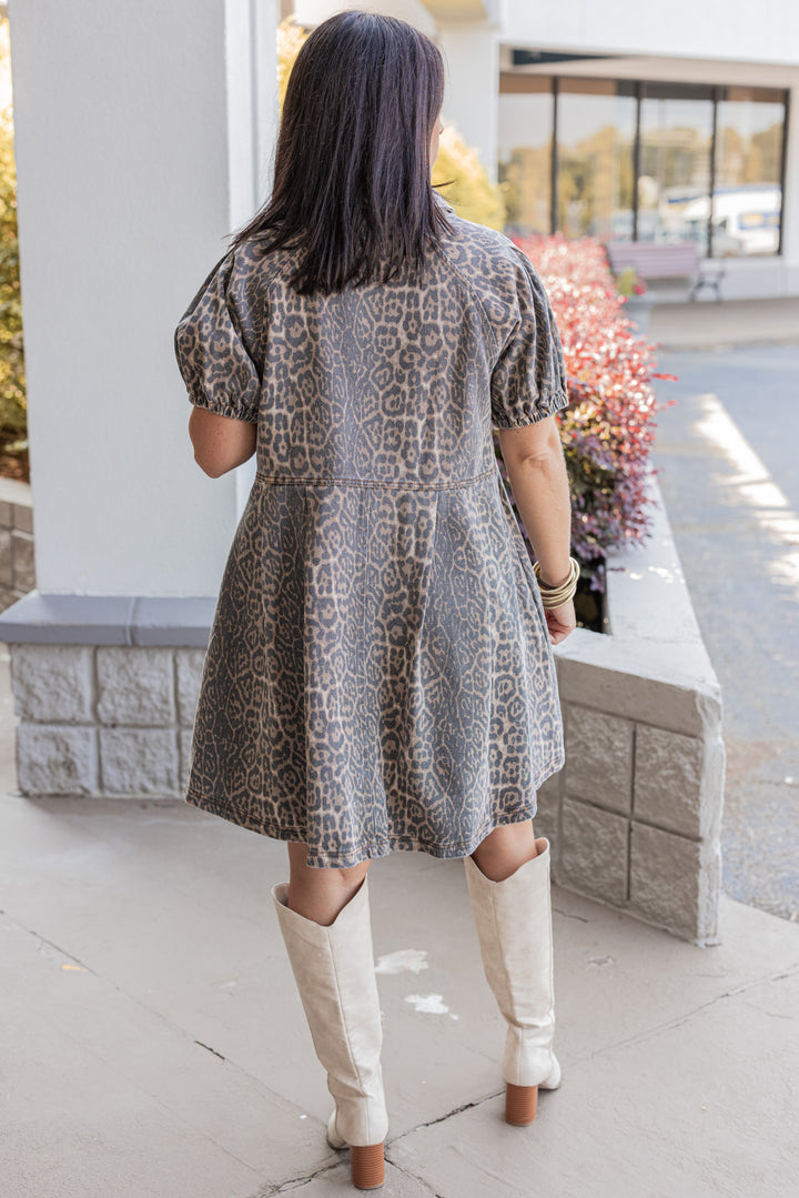 Brown and black washed denim animal print snap front dress with collar by Entro showing back view