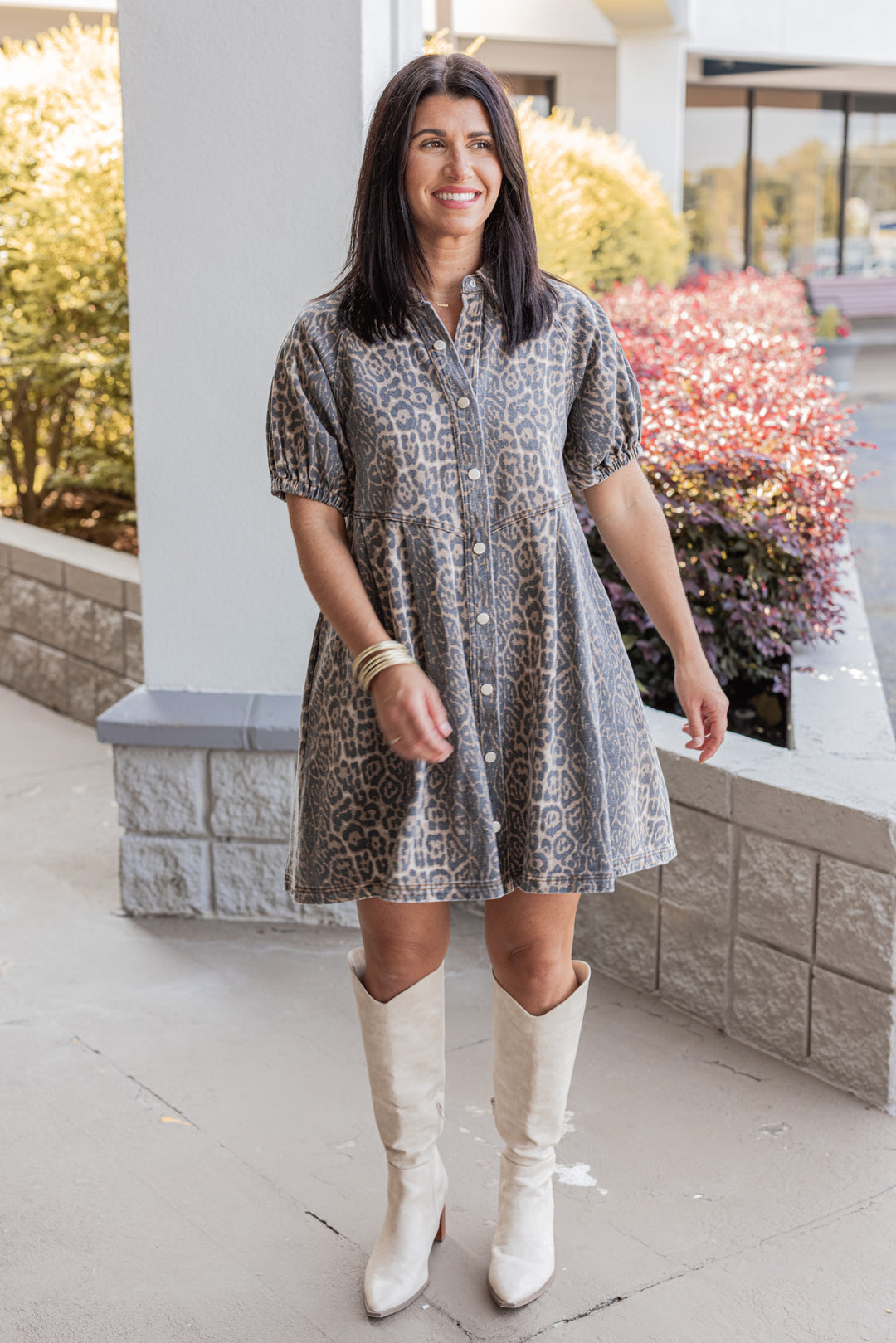Brown and black washed denim animal print snap front dress with collar by Entro