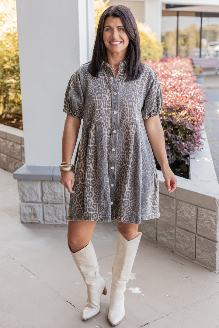 Brown and black washed denim animal print snap front dress with collar by Entro showing full front view