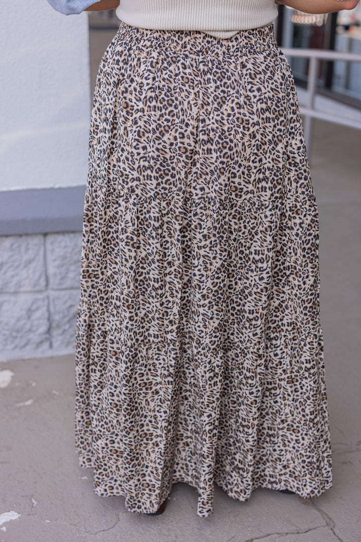 Women's taupe, black and brown leopard print tiered maxi skirt by Jodifl, showing skirts full length