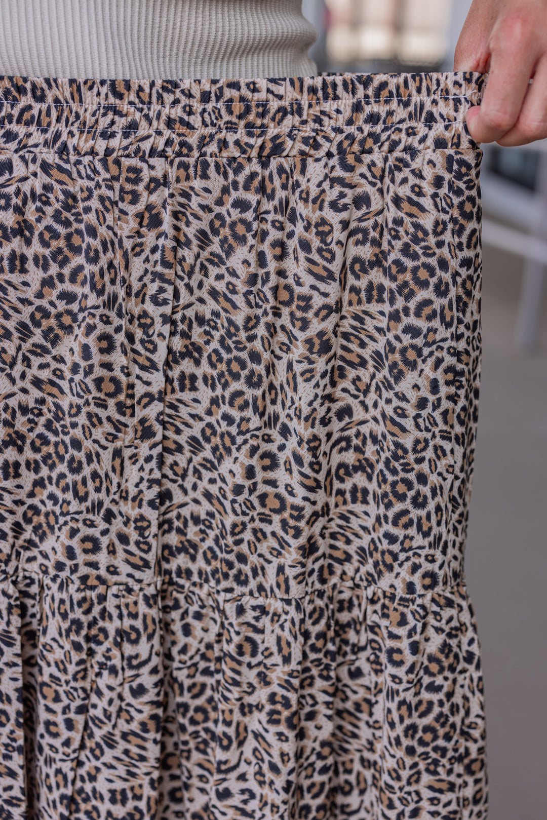 Women's taupe, black and brown leopard print tiered maxi skirt by Jodifl showing elastic waistband