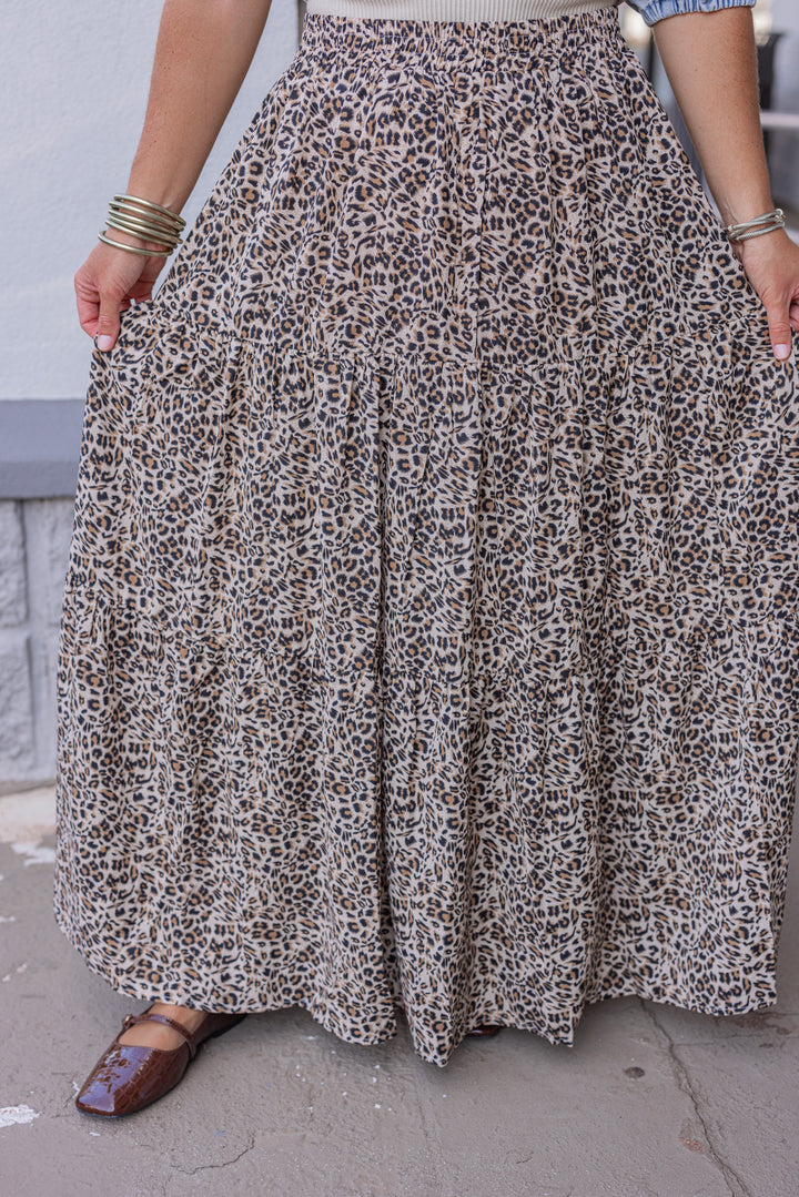 Women's taupe, black and brown leopard print tiered maxi skirt by Jodifl showing tiered details