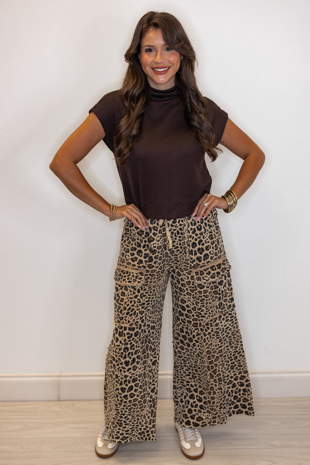 Women's trendy mocha and black leopard print french terry knit wide leg pants by Easel, perfect for fall