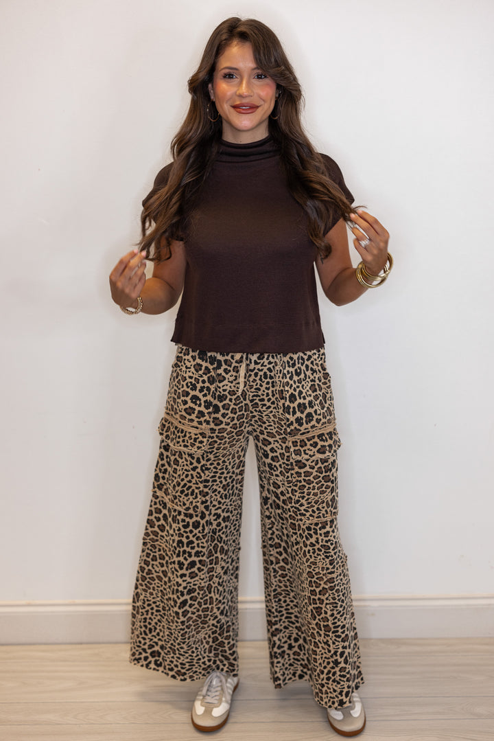 Women's mocha and black leopard print french terry knit wide leg pants by Easel showing full front view