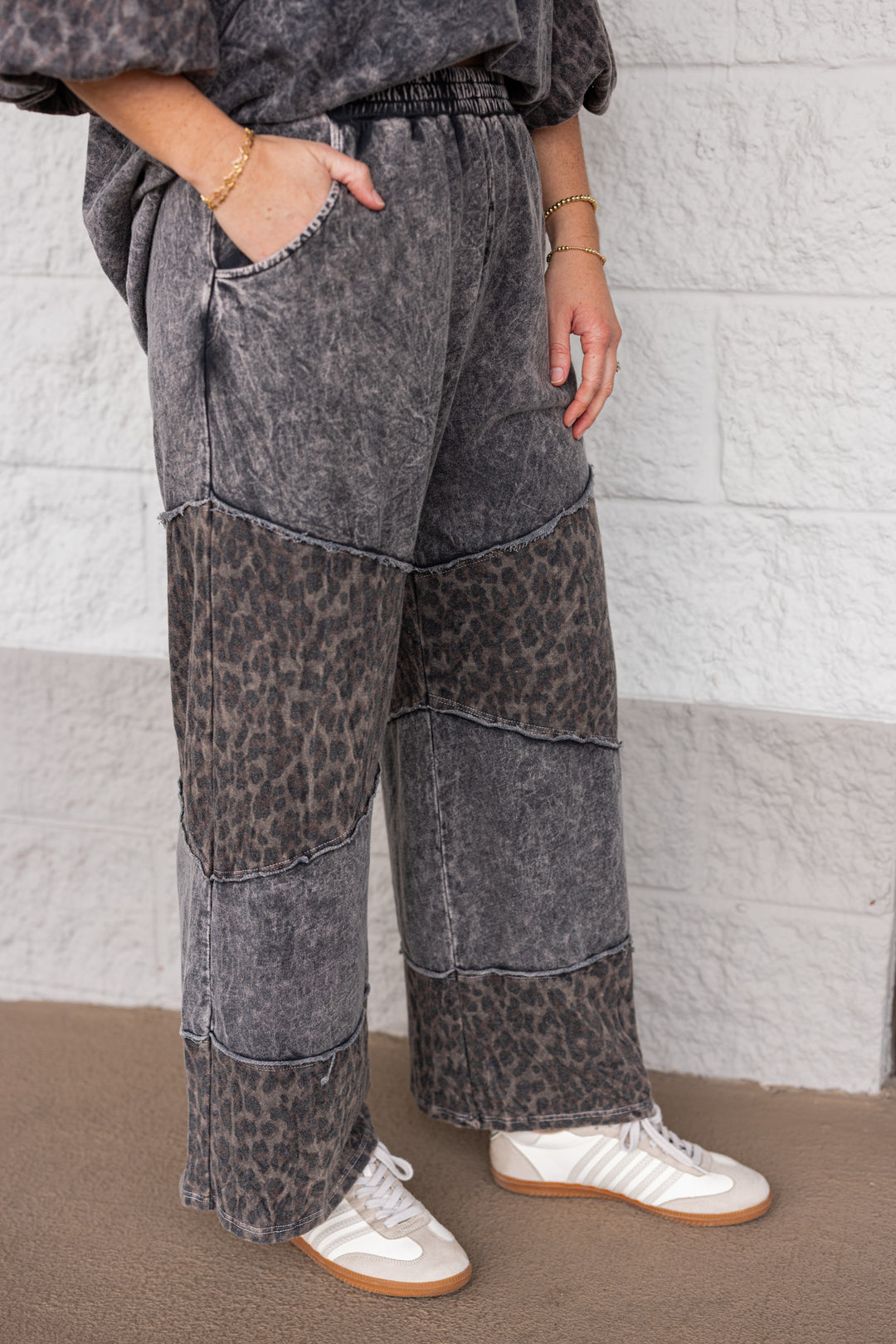 Comfy leopard print black wide leg pants by J. Her showing up close side view