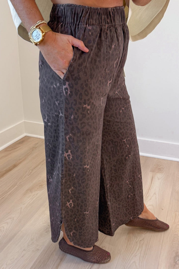 mocha leopard print wide leg tulip hem elastic waist twill denim pants with front pockets