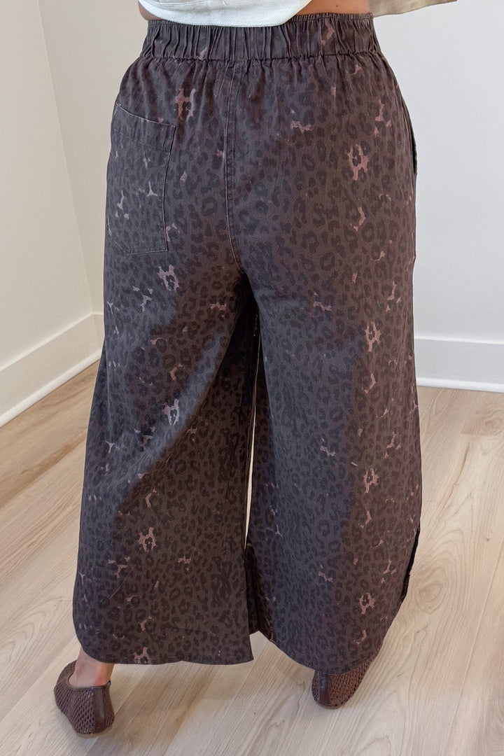 mocha leopard print wide leg tulip hem elastic waist twill denim pants with one back pocket
