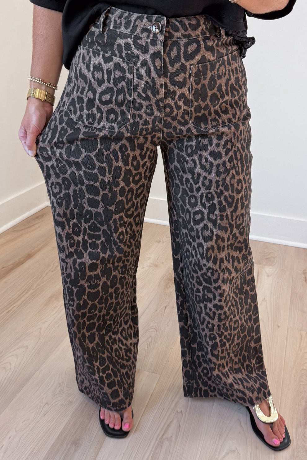 brown and black leopard print button zipper fly wide stretch leg twill denim pants