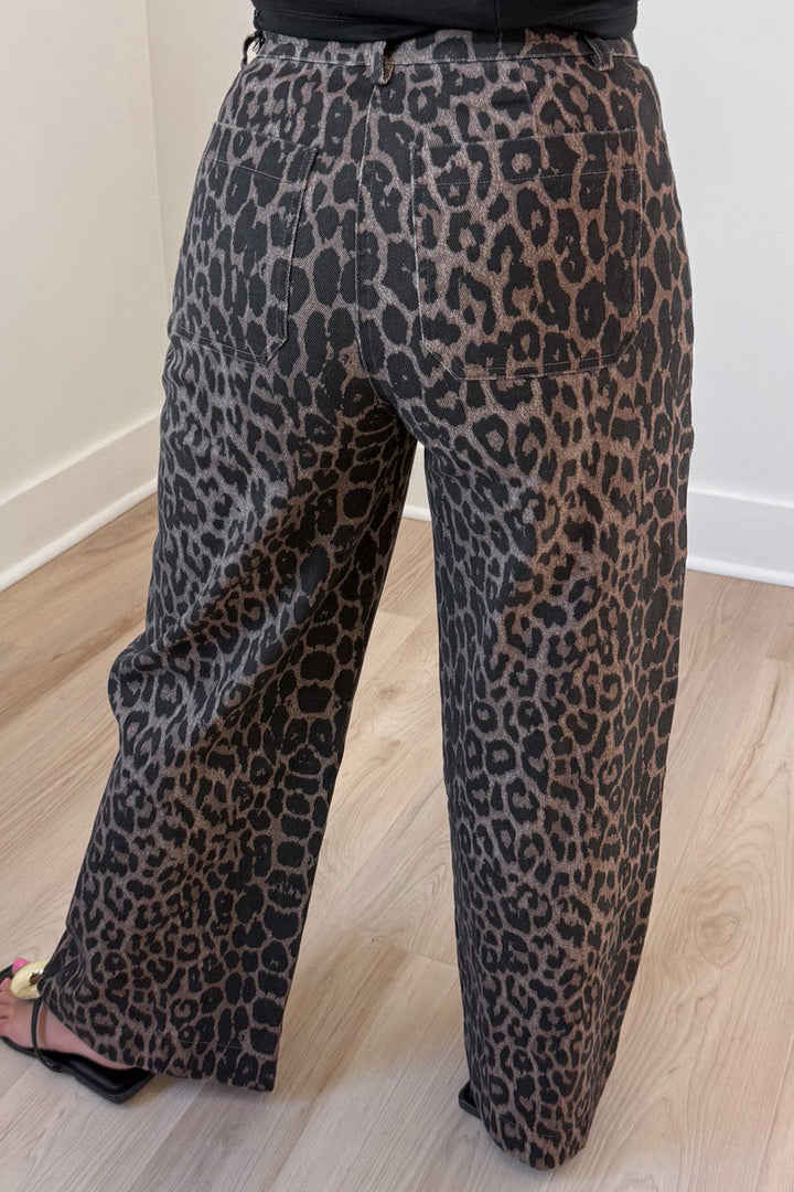 brown and black leopard print button zipper fly wide leg twill denim pants with back pockets