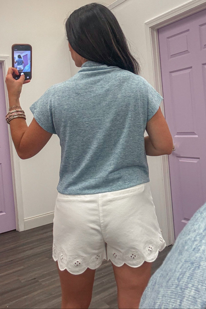solid pale blue cap sleeve semi-cropped knit top