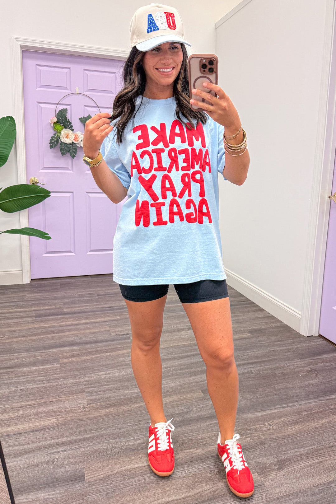 light blue make america pray again graphic short sleeve tee shirt