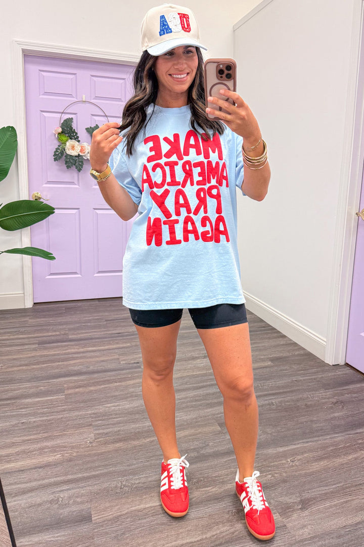 light blue make america pray again graphic short sleeve tee shirt