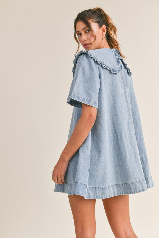 Mable Light blue denim bib collared dress