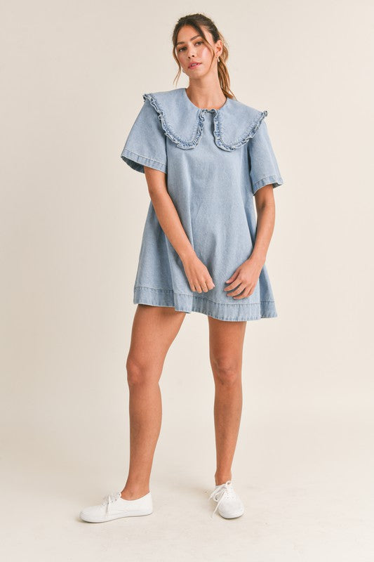 Mable Light blue denim bib collared dress