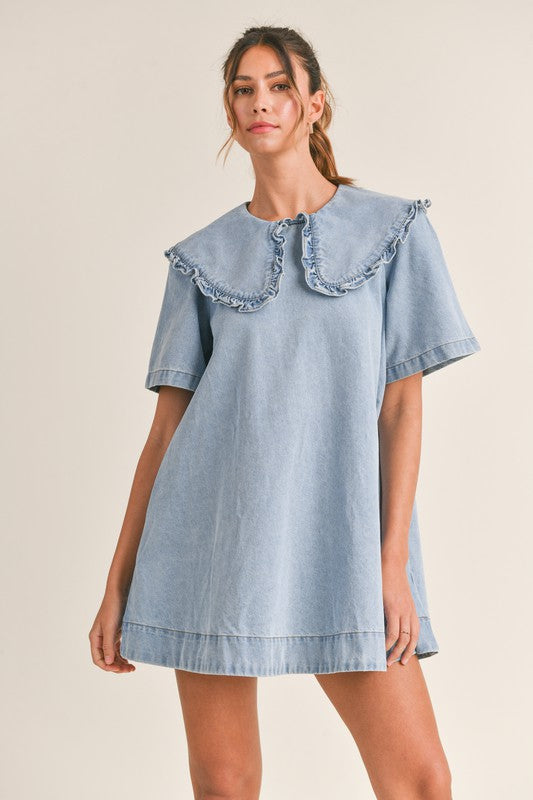 Mable Light blue denim bib collared dress