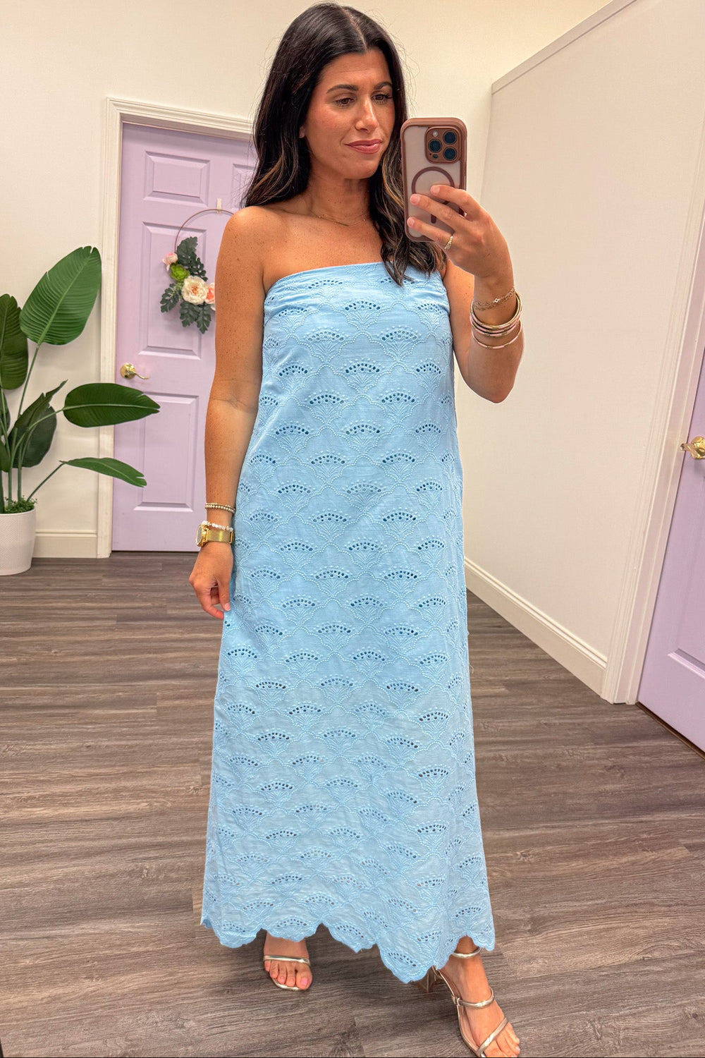 light blue embroidered eyelet detail strapless scalloped hem midi dress