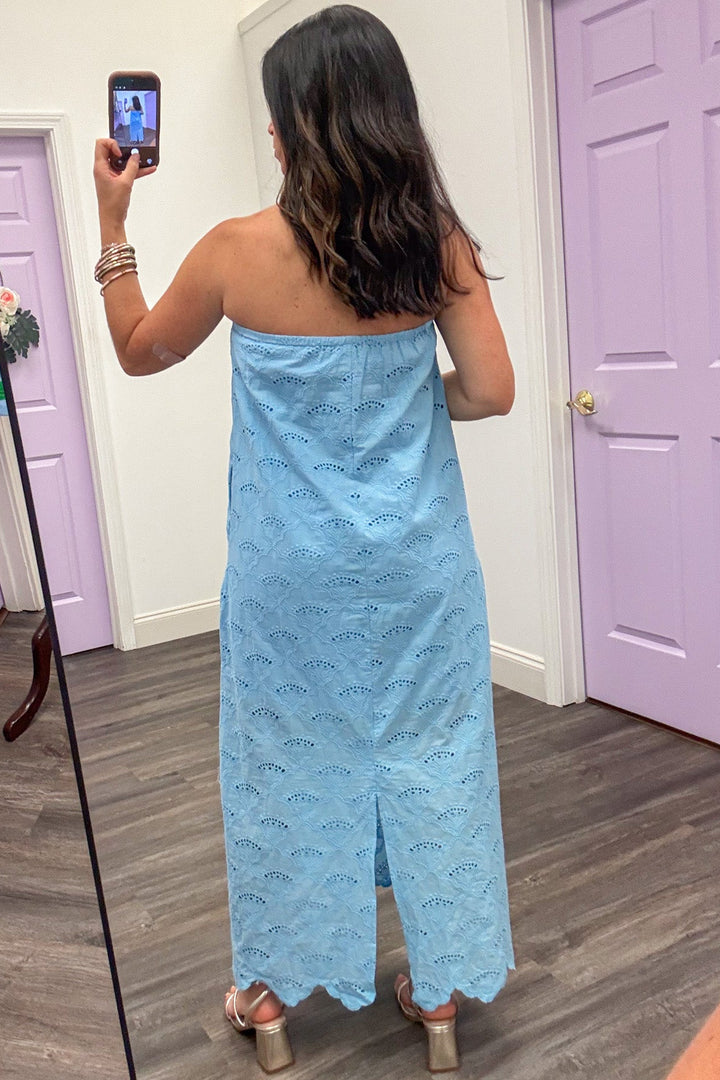 Entro Strapless Light Blue Embroidered Eyelet Midi Dress – Purple Door