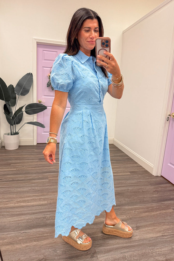 light blue eyelet embroidered midi dress with scalloped hem side