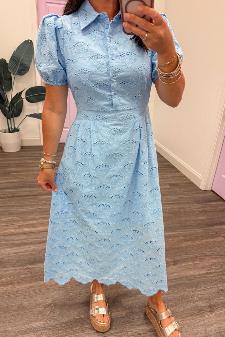 light blue eyelet embroidered texture midi dress with scalloped hem