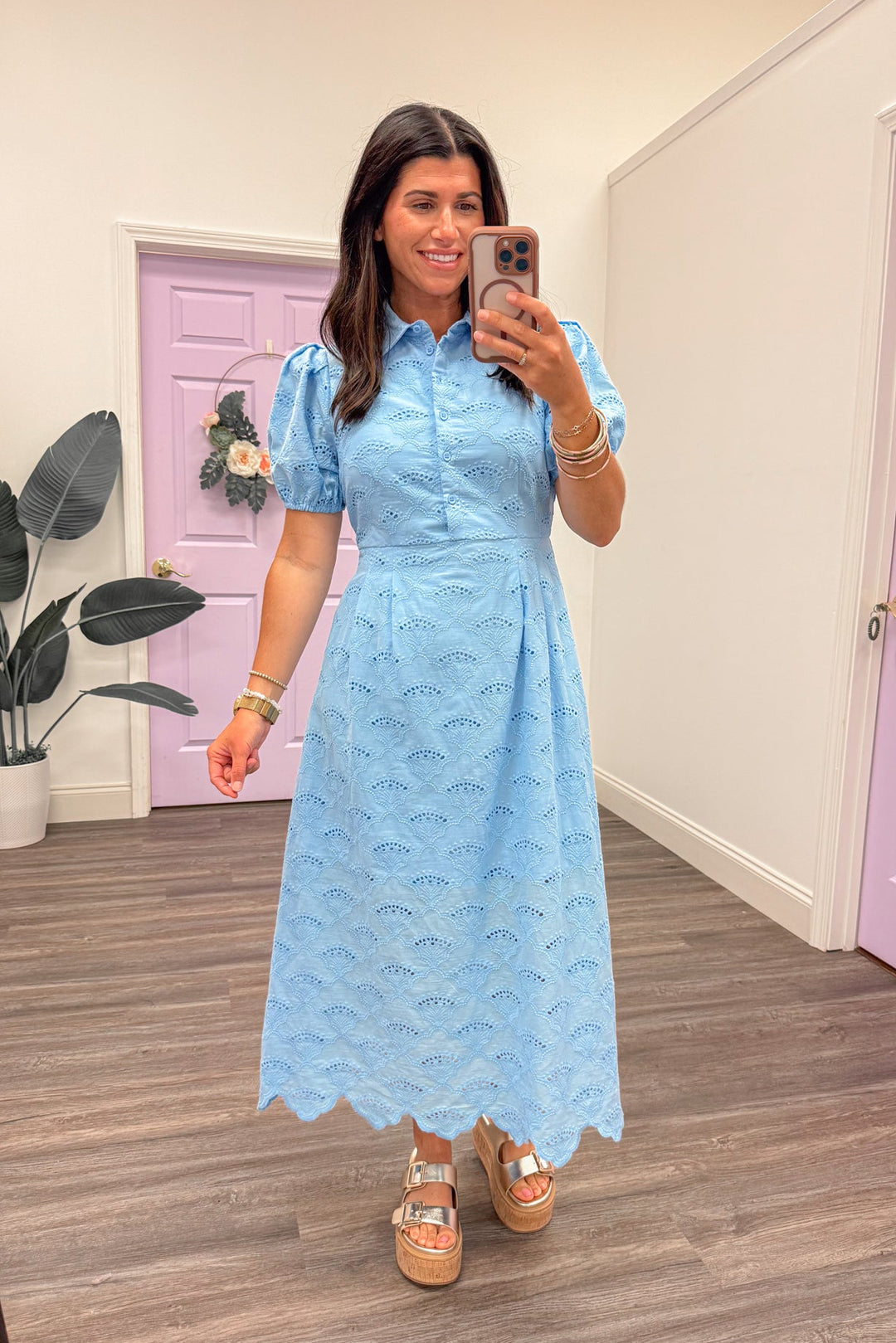 light blue eyelet embroidered midi dress with scalloped hem