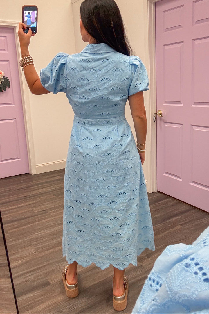 light blue eyelet embroidered midi dress with scalloped hem back view