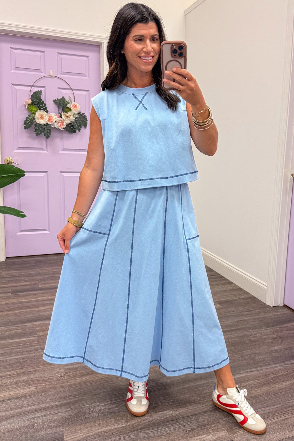 light blue with navy reverse seam details top and flowy midi skirt set