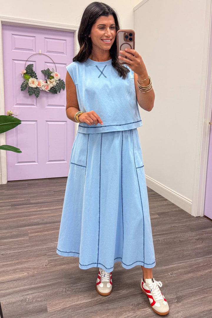 light blue with navy reverse seam details top and midi skirt cotton set
