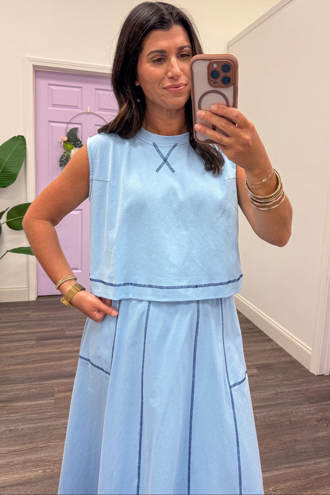 light blue with navy reverse seam details semi-cropped top and midi skirt set
