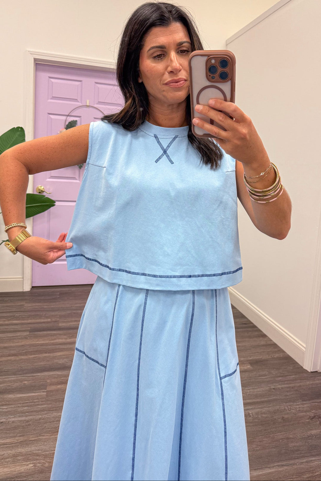 light blue with navy reverse seam details crew neckline top and midi skirt set