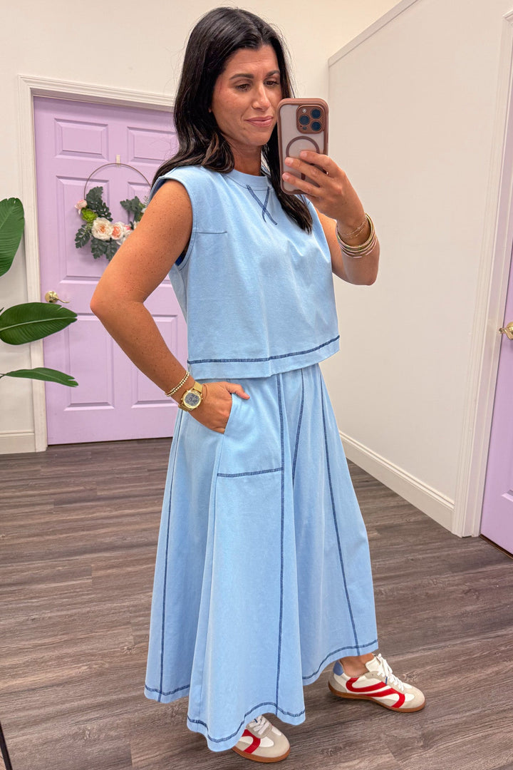 light blue with navy reverse seam details sleeveless top and midi skirt set