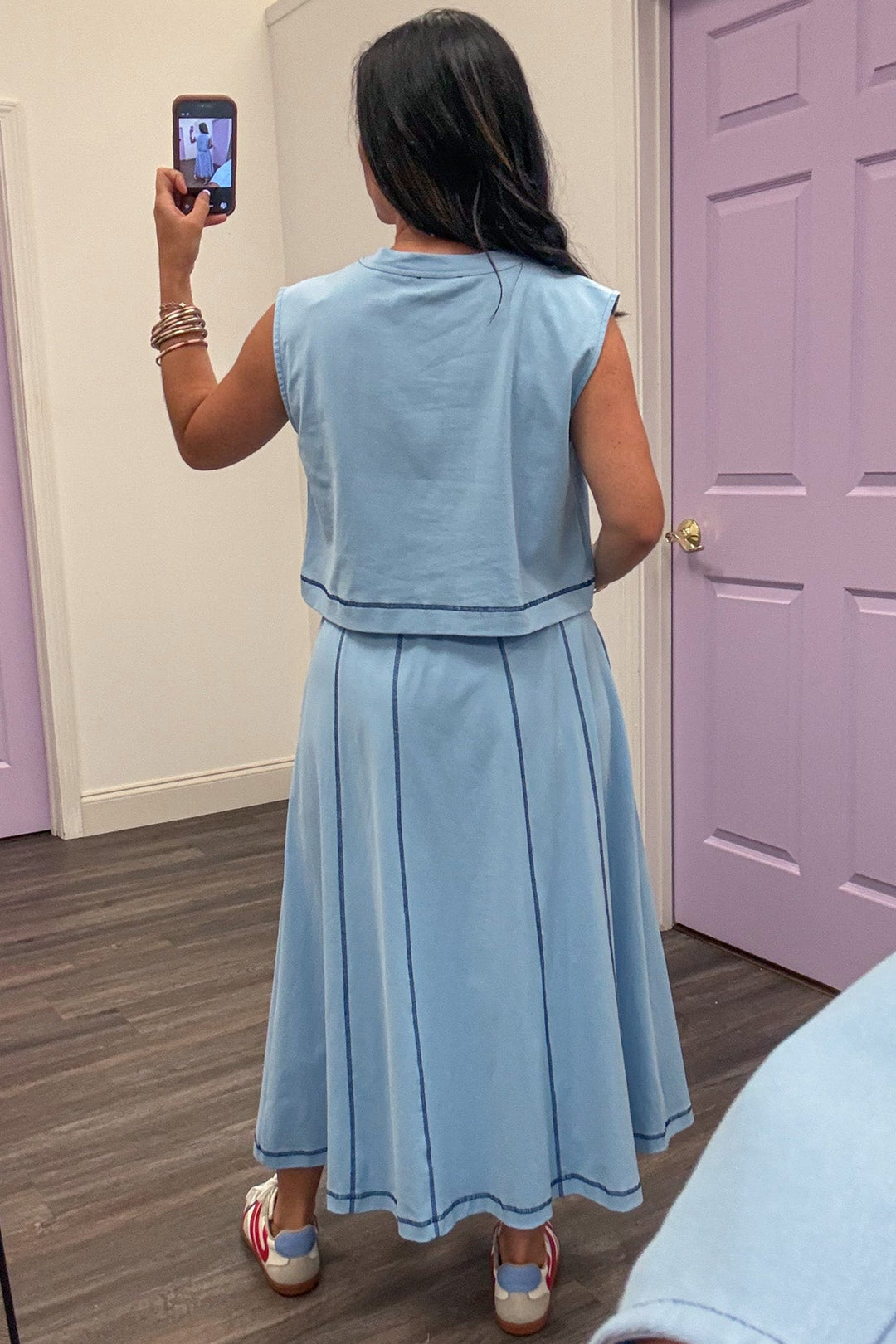light blue with navy reverse seam details top and midi skirt sporty set