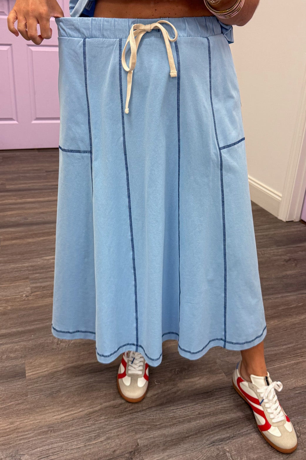 blue with navy seam details top and elastic waistband drawstring midi skirt set