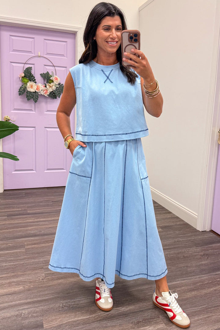 light blue with navy reverse seam details top and midi skirt set