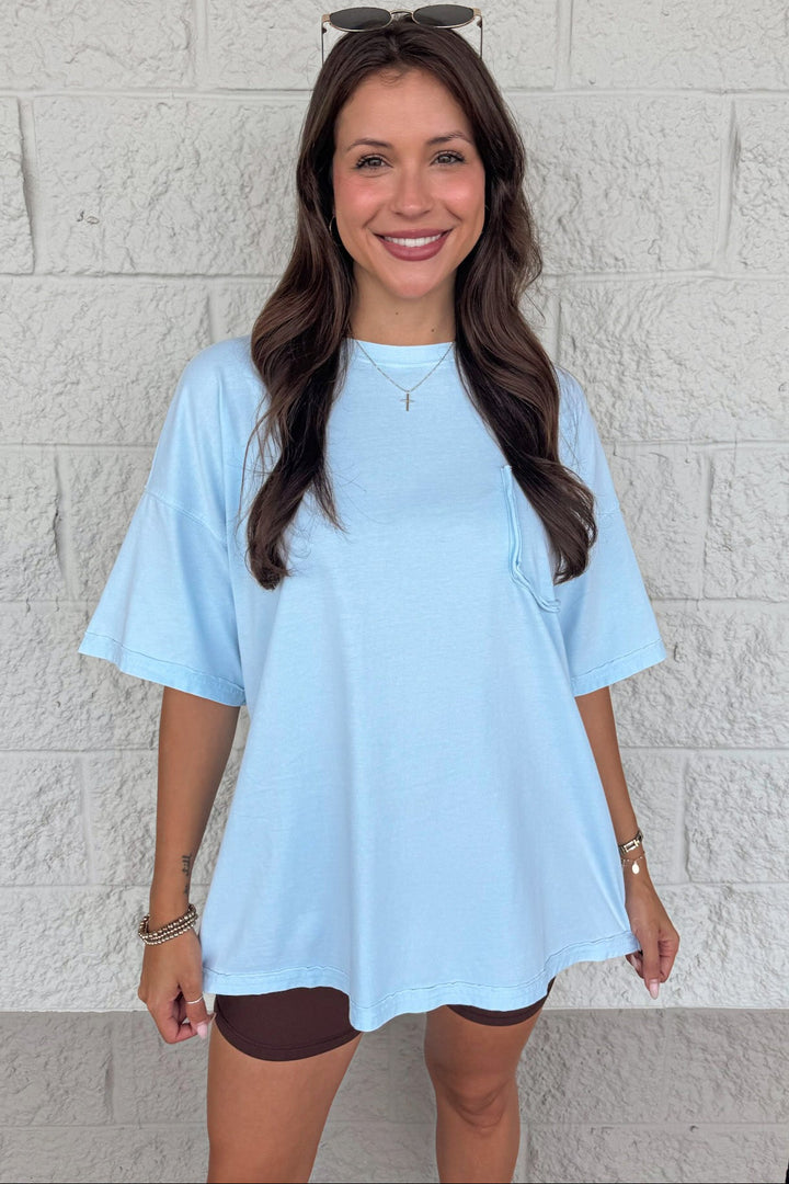 mineral washed light blue reverse seams short sleeve oversized tee