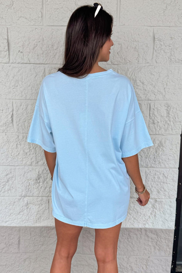 mineral washed light blue reverse seams short sleeve crew neckline oversized tee