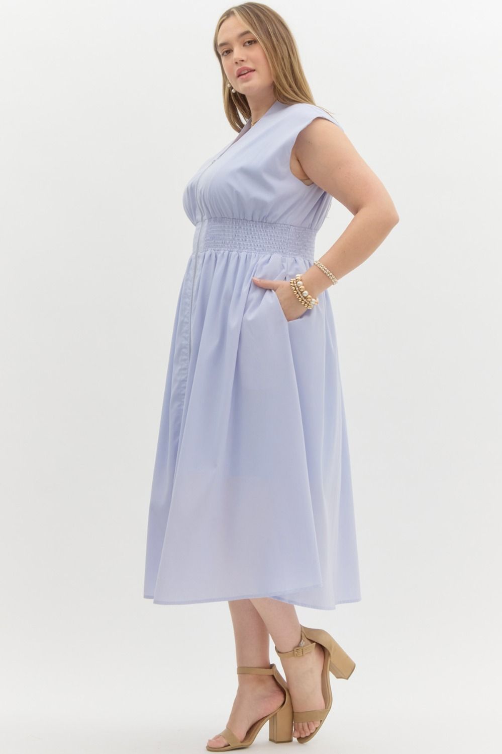 Entro Plus size Light blue midi dress with zipper front and a smocked waist