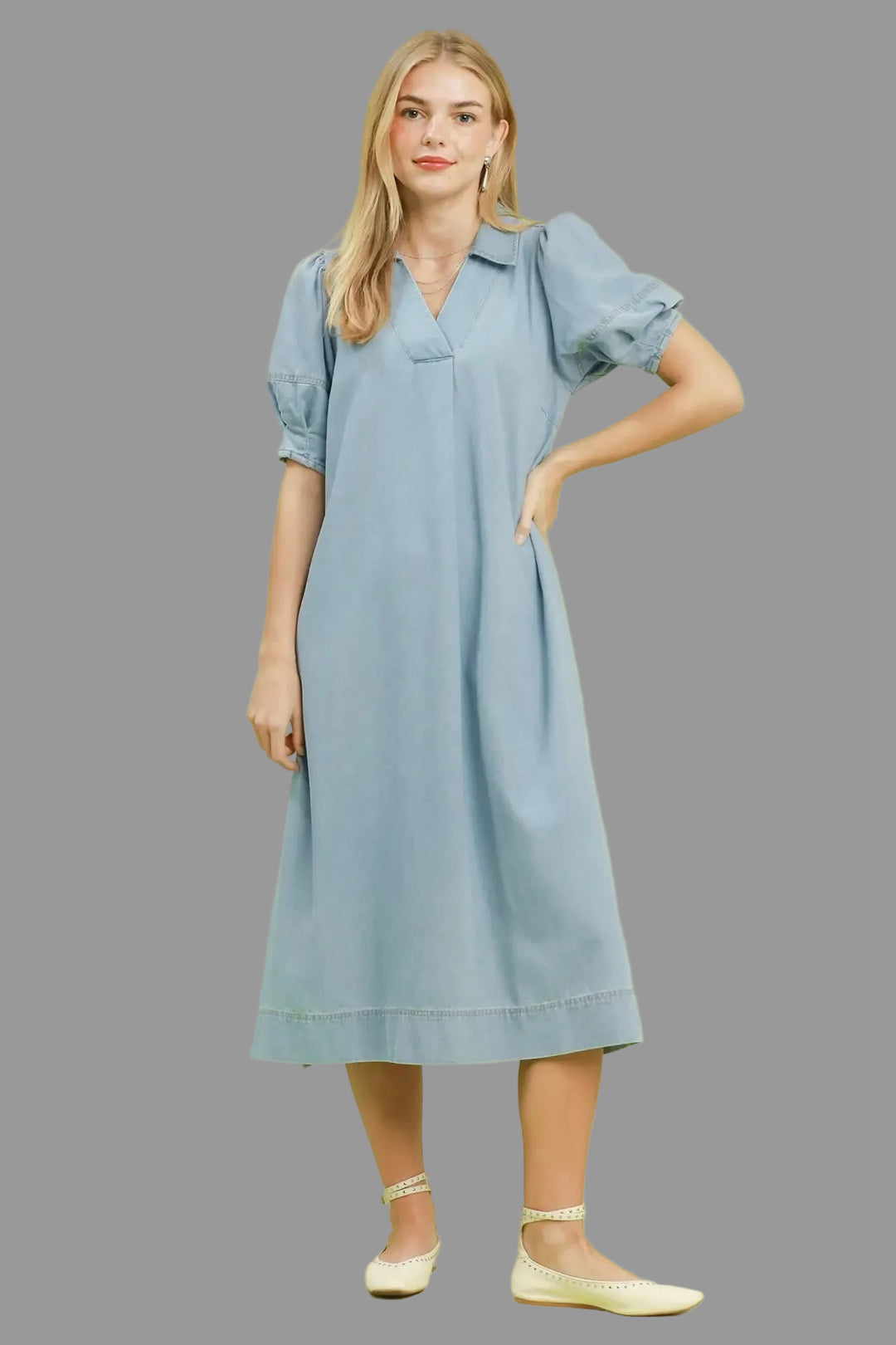 Umgee Plus Size Blue Denim Midi Dress Small