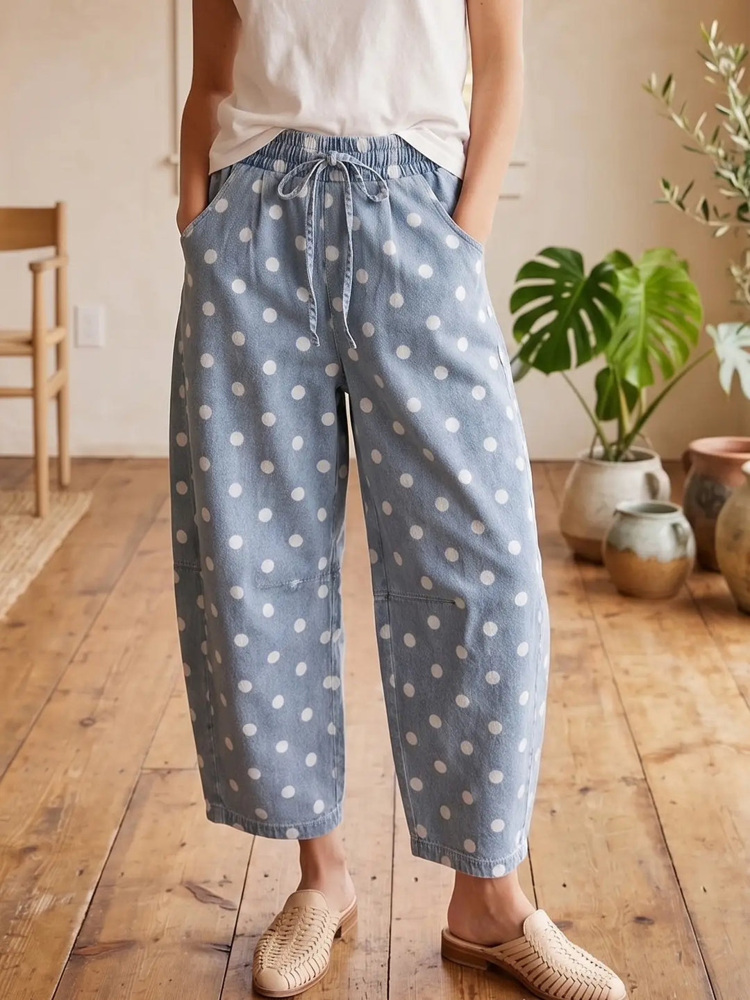 denim blue polka dot barrel pants