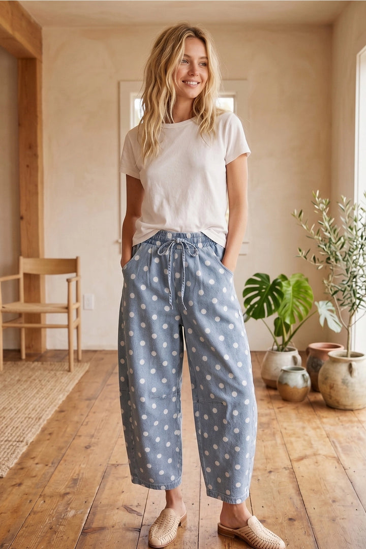 denim blue polka dot barrel pants pockets