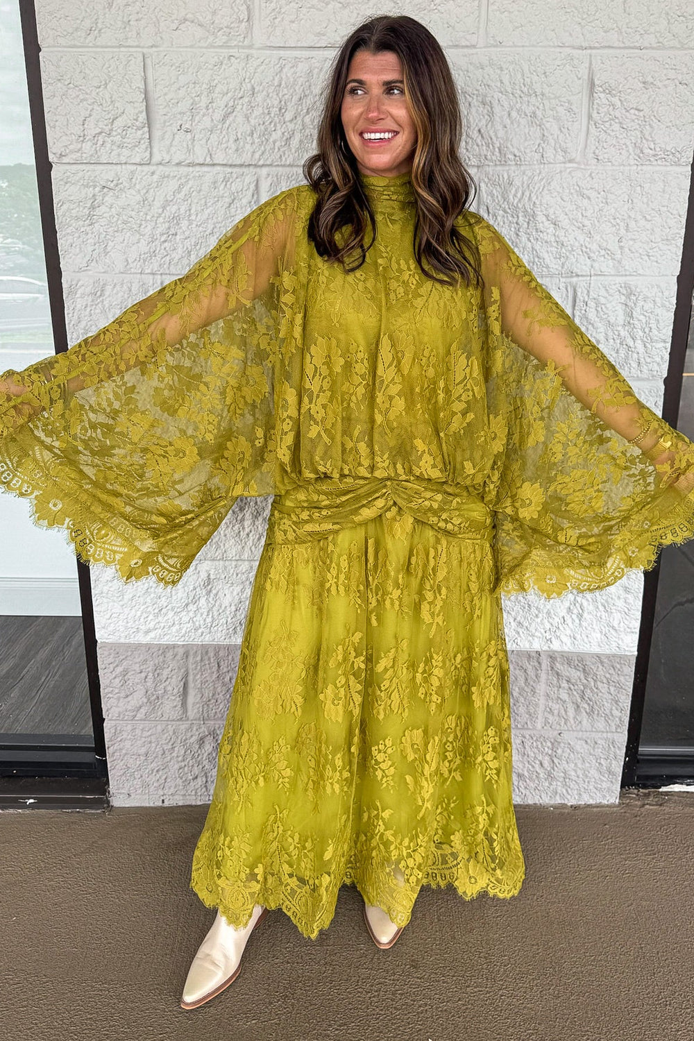 solid light green floral print lace gathered waist maxi dress with wide flowy drape sleeves