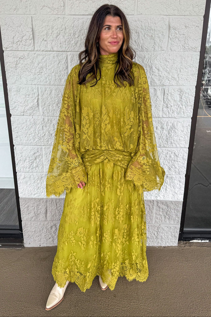 solid light green floral print lace drape sleeve gathered waistline maxi dress