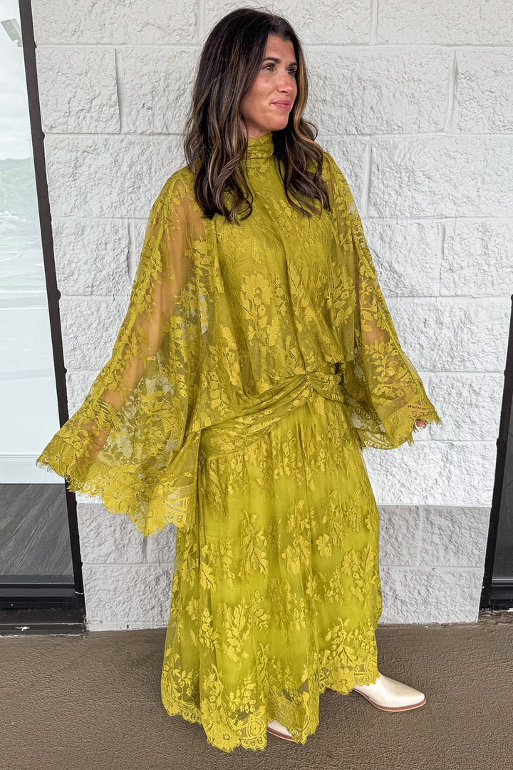 solid light green floral print lace drape sleeve gathered waist maxi dress with flowy skirt